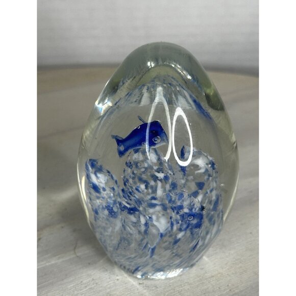 Handcrafted Glass Paperweight With Blue Fish & White Accents - Picture 6 of 11